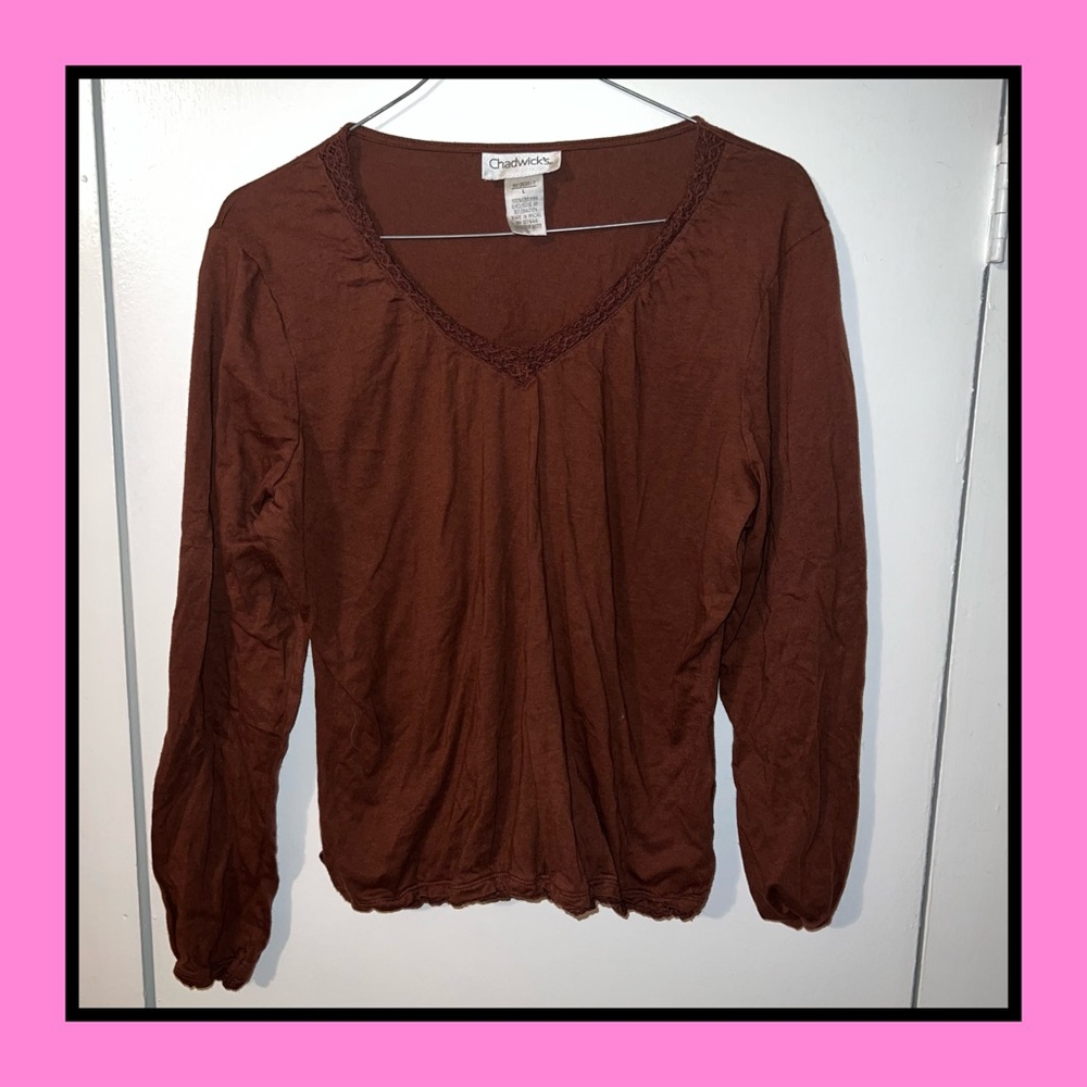 Chadwick’s Vintage Brown Long Sleeve V neck Tee with Lace Trim